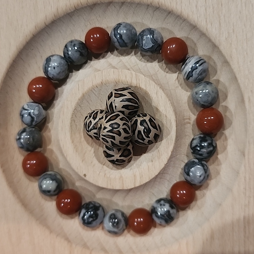 🔥 Natural Picasso & Red Jasper Crystal Beads Bracelet 7in